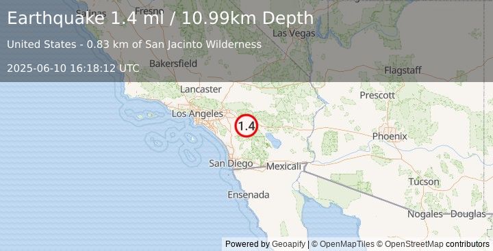Earthquake 5 km ESE of Idyllwild, CA (1.4 ml) (2025-06-10 16:18:12 UTC)