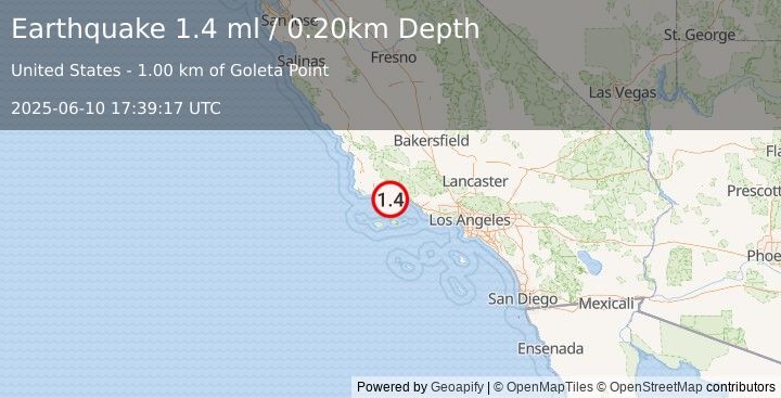 Earthquake 2 km N of Isla Vista, CA (1.3 ml) (2025-06-10 17:39:18 UTC)