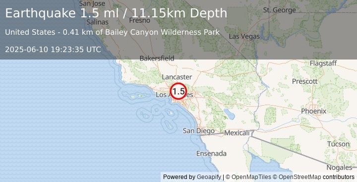 Earthquake 2 km NNW of Sierra Madre, CA (1.5 ml) (2025-06-10 19:23:35 UTC)