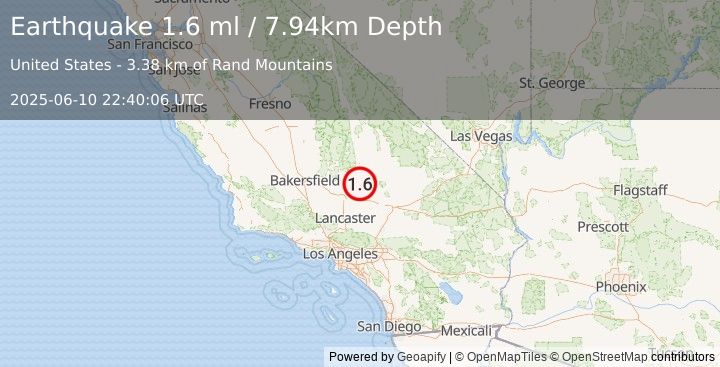 Earthquake 17 km WSW of Johannesburg, CA (1.6 ml) (2025-06-10 22:40:06 UTC)