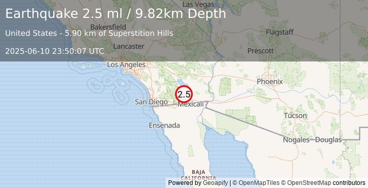 Earthquake 14 km WSW of Westmorland, CA (2.5 ml) (2025-06-10 23:50:07 UTC)