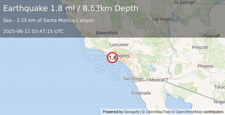 Earthquake 10 km S of Las Flores, CA (1.8 ml) (2025-06-11 03:47:15 UTC)