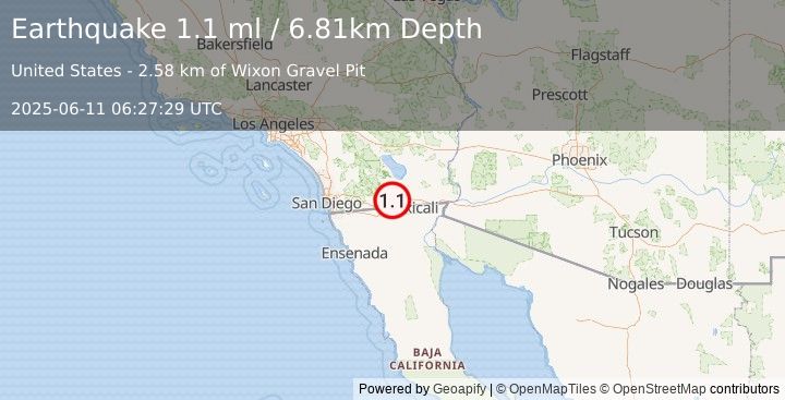 Earthquake 15 km ENE of Ocotillo, CA (1.1 ml) (2025-06-11 06:27:29 UTC)