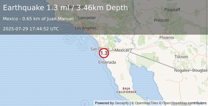 Earthquake 19 km ESE of Tijuana, B.C., MX (1.3 ml) (2025-07-29 17:44:52 UTC)