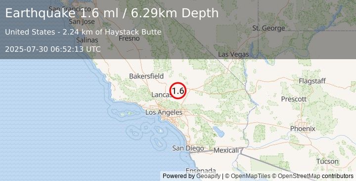 Earthquake 18 km S of Boron, CA (1.6 ml) (2025-07-30 06:52:13 UTC)