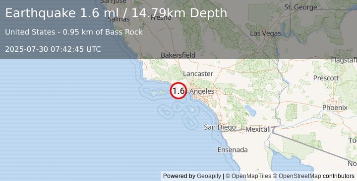 Earthquake 16 km SSE of Camarillo, CA (1.6 ml) (2025-07-30 07:42:45 UTC)