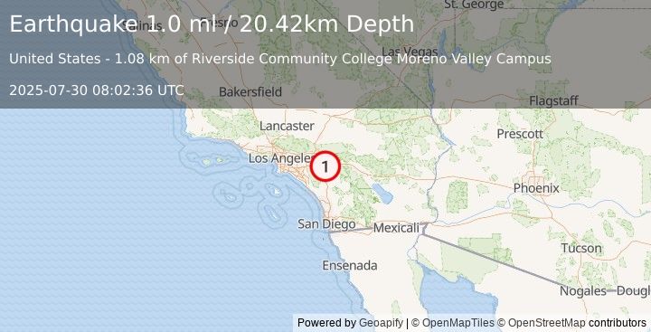 Earthquake 6 km SE of Moreno Valley, CA (1.0 ml) (2025-07-30 08:02:36 UTC)
