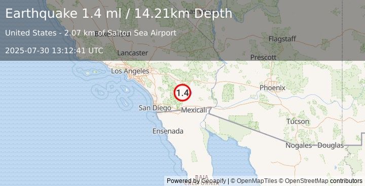 Earthquake 6 km SSW of Salton City, CA (1.4 ml) (2025-07-30 13:12:41 UTC)