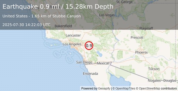 Earthquake 6 km NE of Cabazon, CA (0.9 ml) (2025-07-30 14:22:03 UTC)
