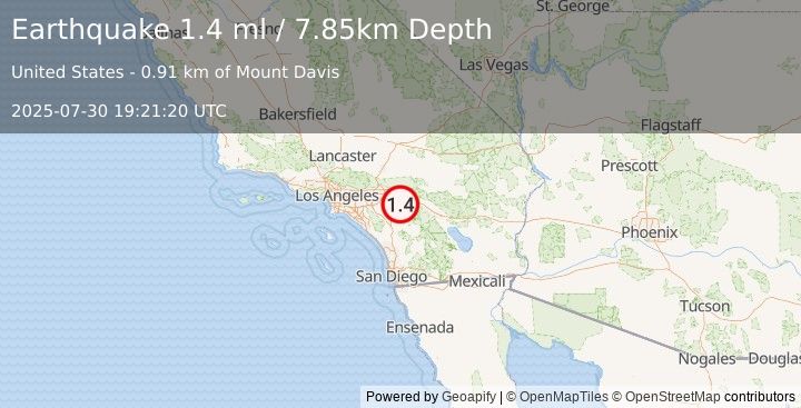 Earthquake 3 km SSW of Beaumont, CA (1.4 ml) (2025-07-30 19:21:20 UTC)