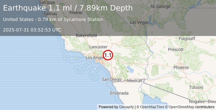 Earthquake 4 km SW of Devore, CA (1.1 ml) (2025-07-31 03:52:53 UTC)