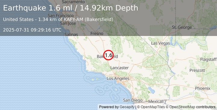 Earthquake 9 km ENE of Oildale, CA (1.6 ml) (2025-07-31 09:29:16 UTC)