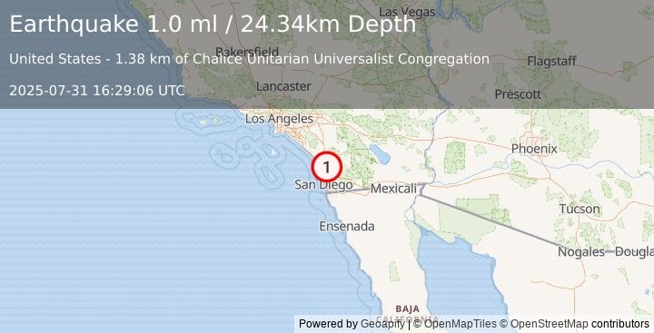 Earthquake 5 km SE of Escondido, CA (0.9 ml) (2025-07-31 16:29:07 UTC)