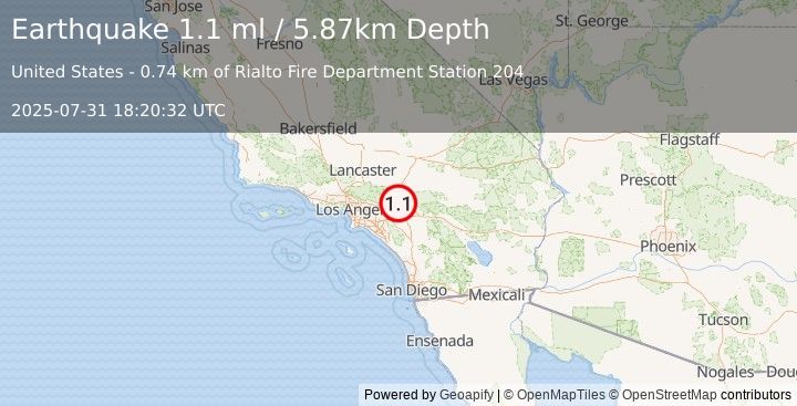 Earthquake 7 km NNE of Fontana, CA (1.1 ml) (2025-07-31 18:20:32 UTC)