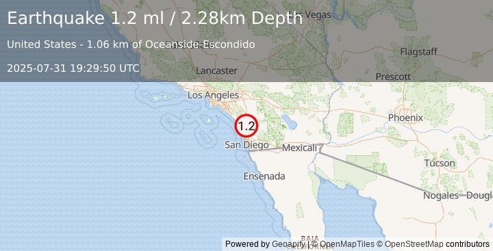 Earthquake 7 km ENE of Vista, CA (1.2 ml) (2025-07-31 19:29:50 UTC)