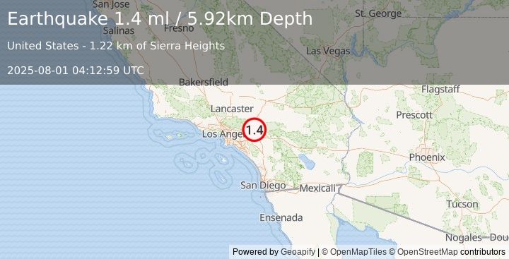 Earthquake 7 km NNE of Fontana, CA (1.4 ml) (2025-08-01 04:12:59 UTC)