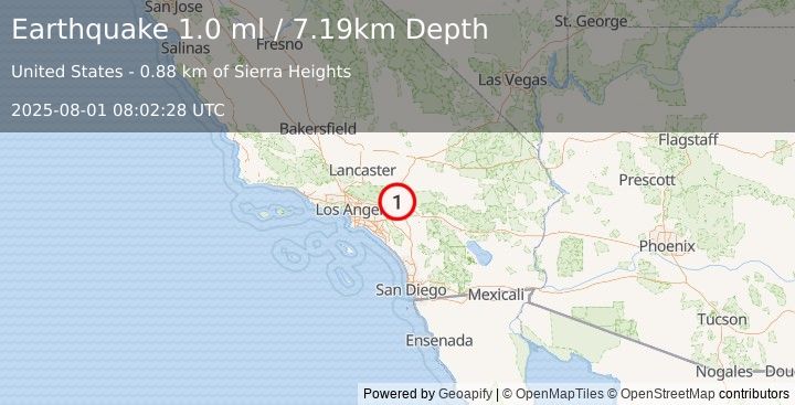 Earthquake 7 km NNE of Fontana, CA (1.0 ml) (2025-08-01 08:02:28 UTC)