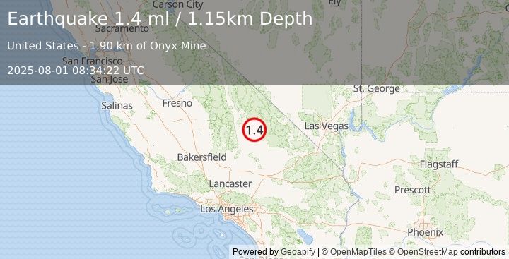 Earthquake 33 km N of Searles Valley, CA (1.4 ml) (2025-08-01 08:34:22 UTC)