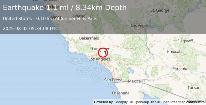 Earthquake 7 km SW of Pearblossom, CA (1.1 ml) (2025-08-02 05:34:08 UTC)