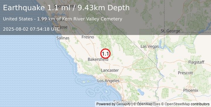 Earthquake 2 km N of Wofford Heights, CA (1.1 ml) (2025-08-02 07:54:18 UTC)