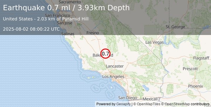 Earthquake 19 km ENE of Oildale, CA (0.7 ml) (2025-08-02 08:00:22 UTC)