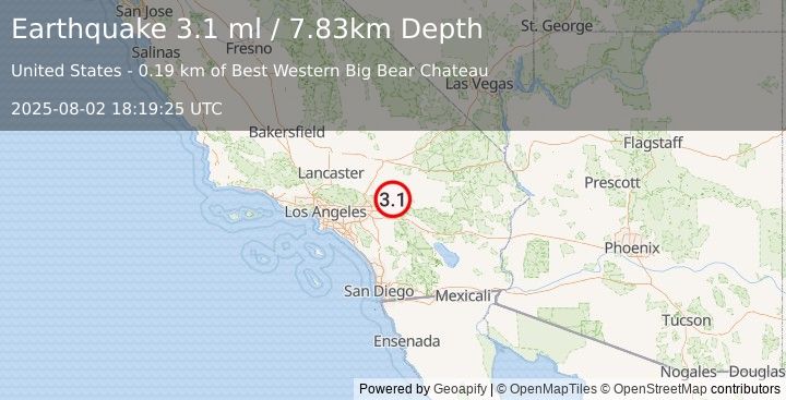 Earthquake 3 km E of Big Bear Lake, CA (3.1 ml) (2025-08-02 18:19:25 UTC)