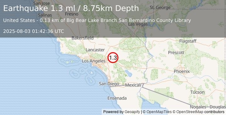 Earthquake 2 km E of Big Bear Lake, CA (1.3 ml) (2025-08-03 01:42:36 UTC)