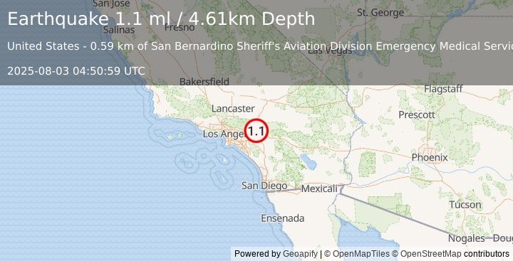 Earthquake 4 km NW of Rialto, CA (1.1 ml) (2025-08-03 04:50:59 UTC)