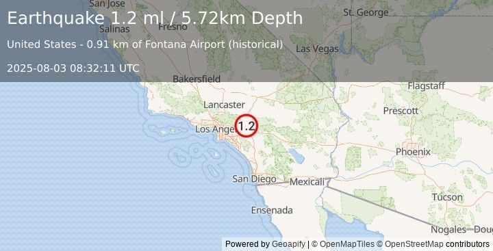 Earthquake 6 km NW of Rialto, CA (1.2 ml) (2025-08-03 08:32:11 UTC)