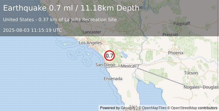 Earthquake 9 km S of Palomar Observatory, CA (0.7 ml) (2025-08-03 11:15:19 UTC)