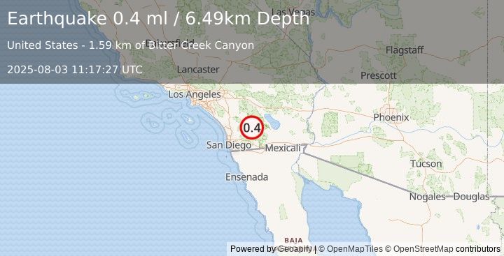 Earthquake 12 km SSW of Borrego Springs, CA (0.4 ml) (2025-08-03 11:17:27 UTC)