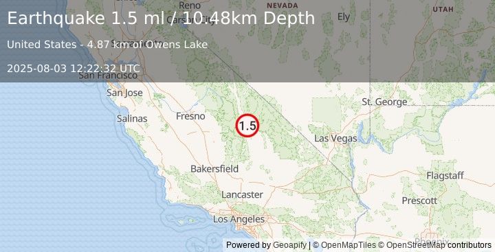 Earthquake 16 km SE of Lone Pine, CA (1.5 ml) (2025-08-03 12:22:32 UTC)