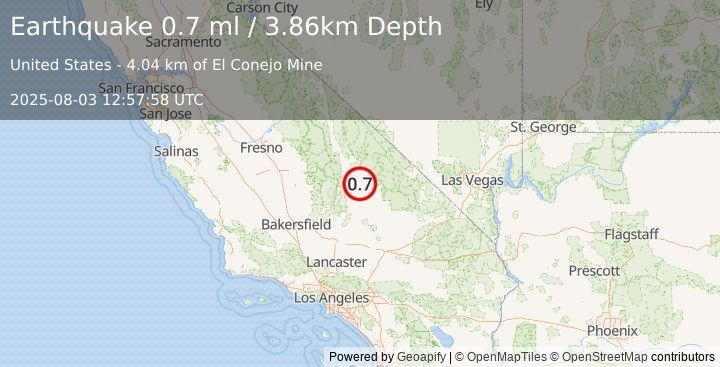 Earthquake 30 km E of Coso Junction, CA (0.7 ml) (2025-08-03 12:57:58 UTC)