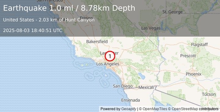 Earthquake 4 km ENE of Vincent, CA (1.0 ml) (2025-08-03 18:40:51 UTC)