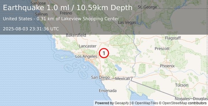 Earthquake 3 km E of Big Bear Lake, CA (1.0 ml) (2025-08-03 23:31:37 UTC)