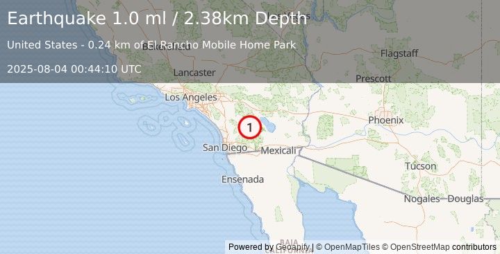Earthquake 0 km NE of Borrego Springs, CA (1.0 ml) (2025-08-04 00:44:10 UTC)