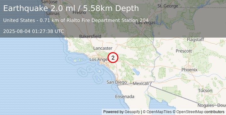 Earthquake 7 km NNE of Fontana, CA (2.0 ml) (2025-08-04 01:27:38 UTC)