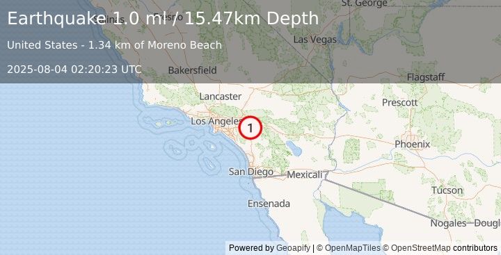 Earthquake 7 km SE of Moreno Valley, CA (1.0 ml) (2025-08-04 02:20:23 UTC)
