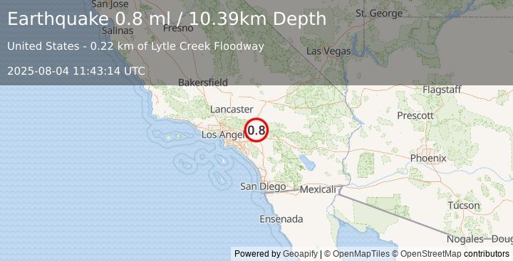 Earthquake 2 km WSW of Muscoy, CA (0.8 ml) (2025-08-04 11:43:14 UTC)
