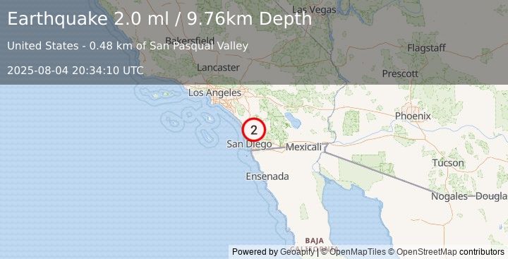 Earthquake 6 km W of San Pasqual, CA (2.0 ml) (2025-08-04 20:34:10 UTC)