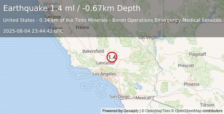 Earthquake 6 km NW of Boron, CA (1.4 ml) (2025-08-04 23:44:42 UTC)