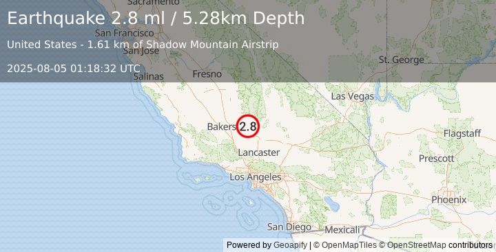 Earthquake 23 km S of Bodfish, CA (2.8 ml) (2025-08-05 01:18:32 UTC)