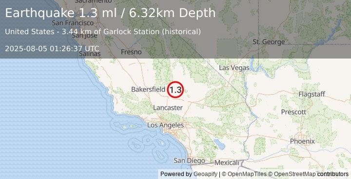 Earthquake 14 km W of Johannesburg, CA (1.3 ml) (2025-08-05 01:26:37 UTC)