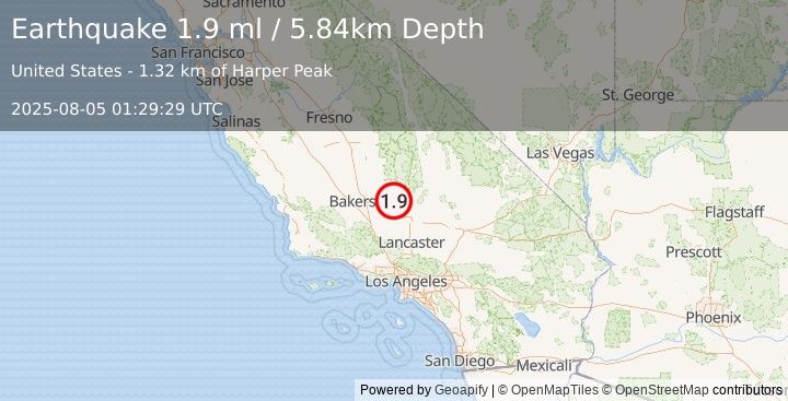 Earthquake 23 km S of Bodfish, CA (1.9 ml) (2025-08-05 01:29:29 UTC)