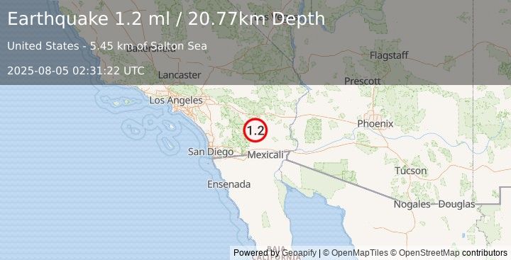Earthquake 9 km SSW of Bombay Beach, CA (1.2 ml) (2025-08-05 02:31:22 UTC)