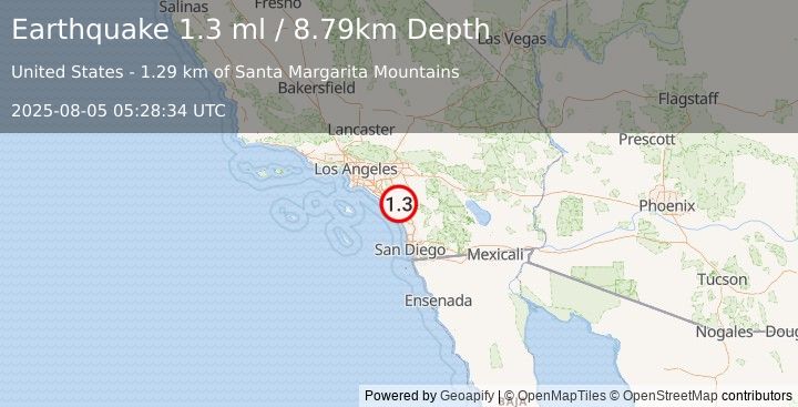Earthquake 17 km NW of Fallbrook, CA (1.3 ml) (2025-08-05 05:28:34 UTC)