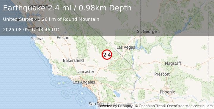 Earthquake 31 km WSW of Tecopa, CA (2.4 ml) (2025-08-05 07:43:46 UTC)