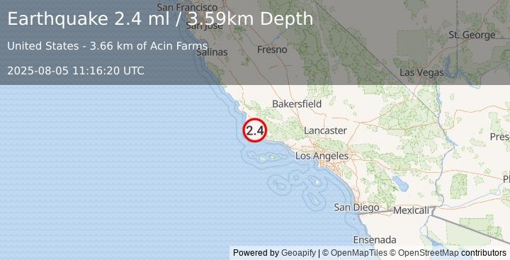 Earthquake 6 km SW of Los Alamos, CA (2.4 ml) (2025-08-05 11:16:20 UTC)