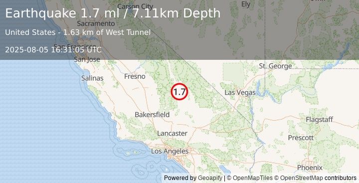 Earthquake 20 km ESE of Olancha, CA (1.7 ml) (2025-08-05 16:31:05 UTC)