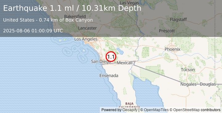 Earthquake 16 km ESE of Julian, CA (1.1 ml) (2025-08-06 01:00:09 UTC)